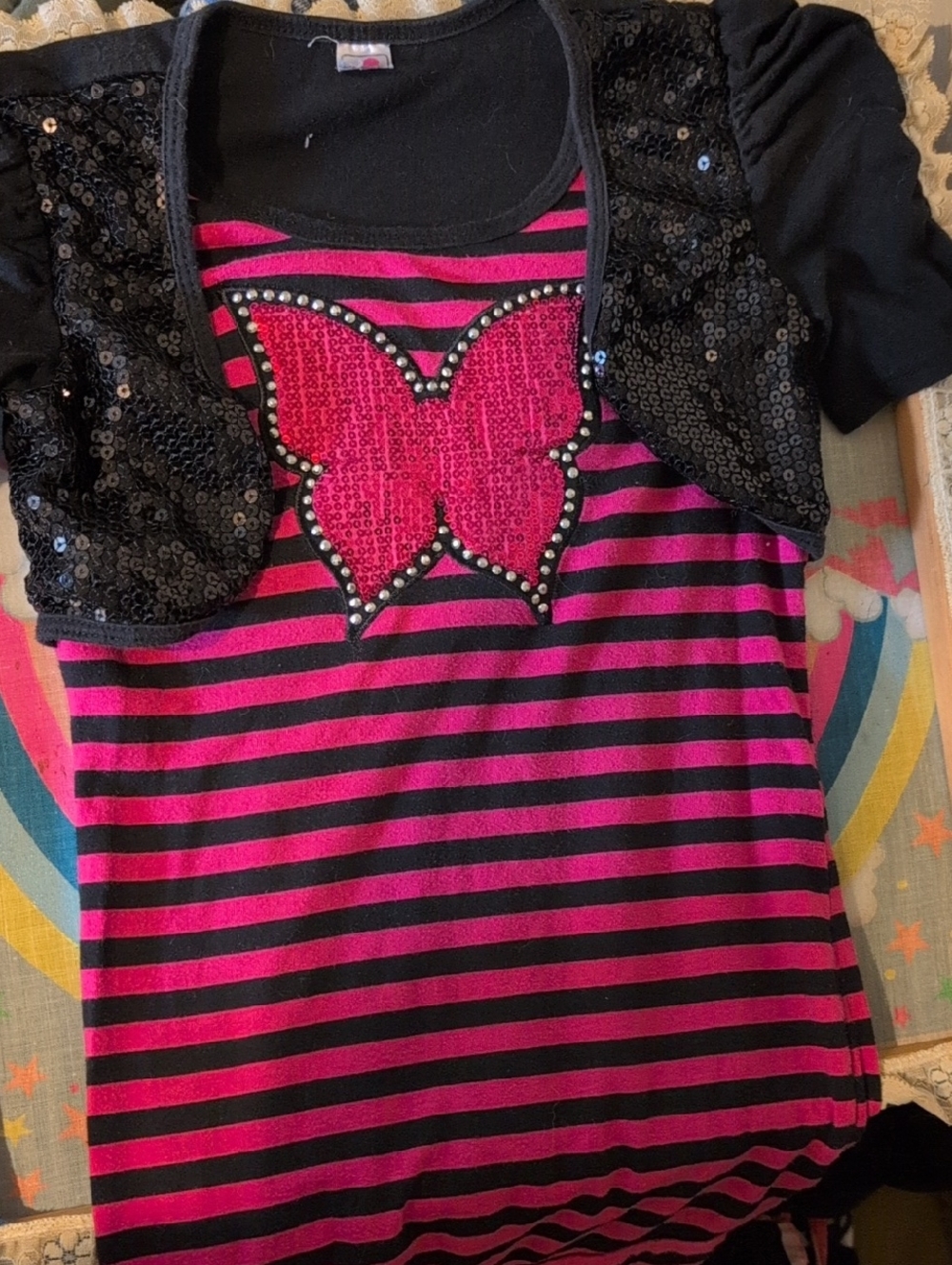 VTG Girls Y2K Hannah Montana Core Striped Dress with Sequin Bolero & Butterfly